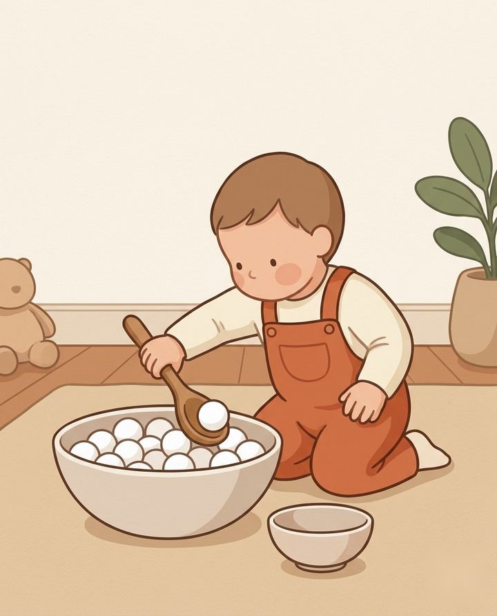 Ilustração da brincadeira Pescaria de Bolinhas: criança pescando bolinhas de uma tigela com uma colher