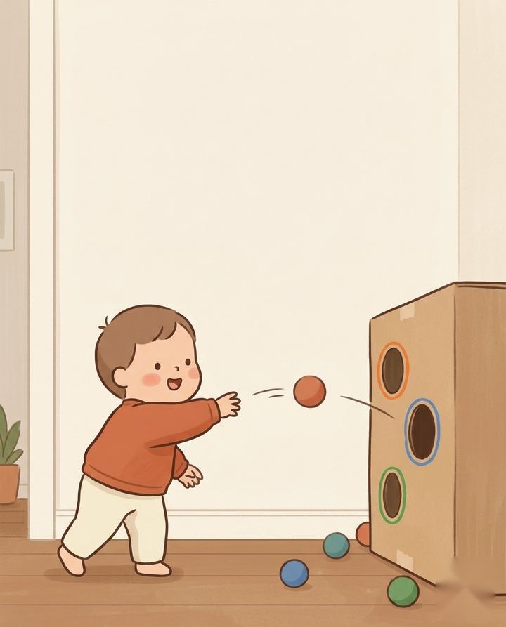 Ilustração da brincadeira Alvo Certeiro: criança arremessando bolinha em uma caixa de papelão com alvos coloridos