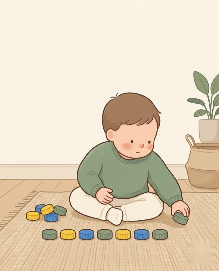 Ilustração da brincadeira Sequência de Cores: criança alinhando tampinhas coloridas