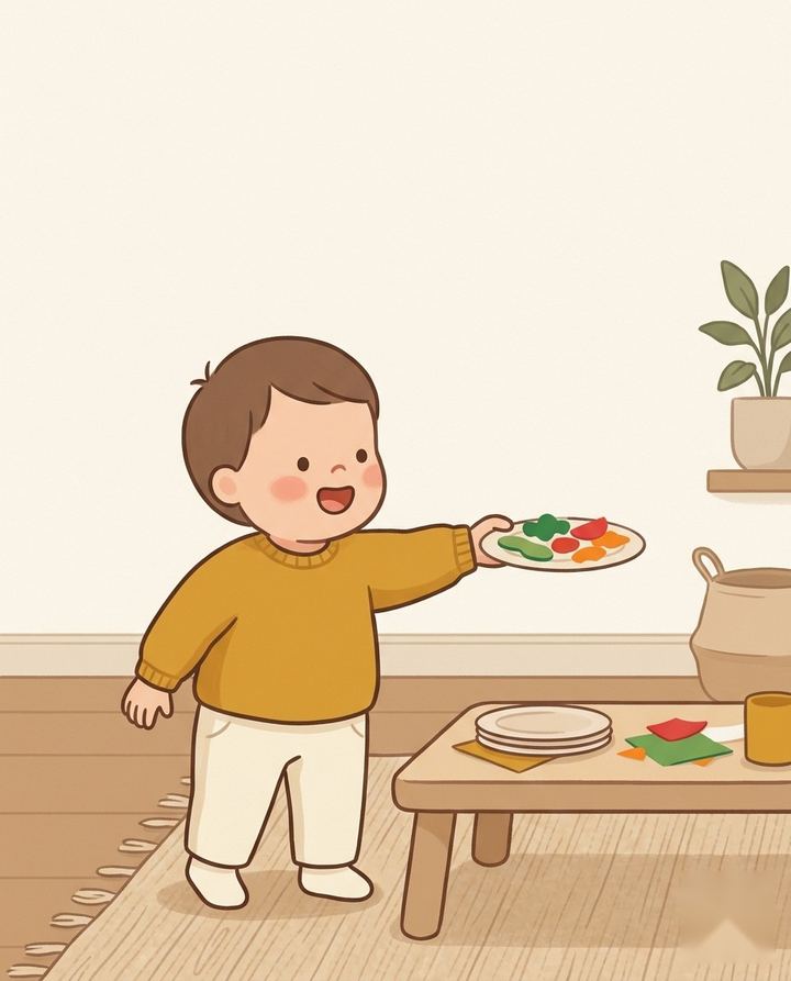 Ilustração da brincadeira Restaurante de Mentirinha: criança servindo prato de papel em uma mesinha