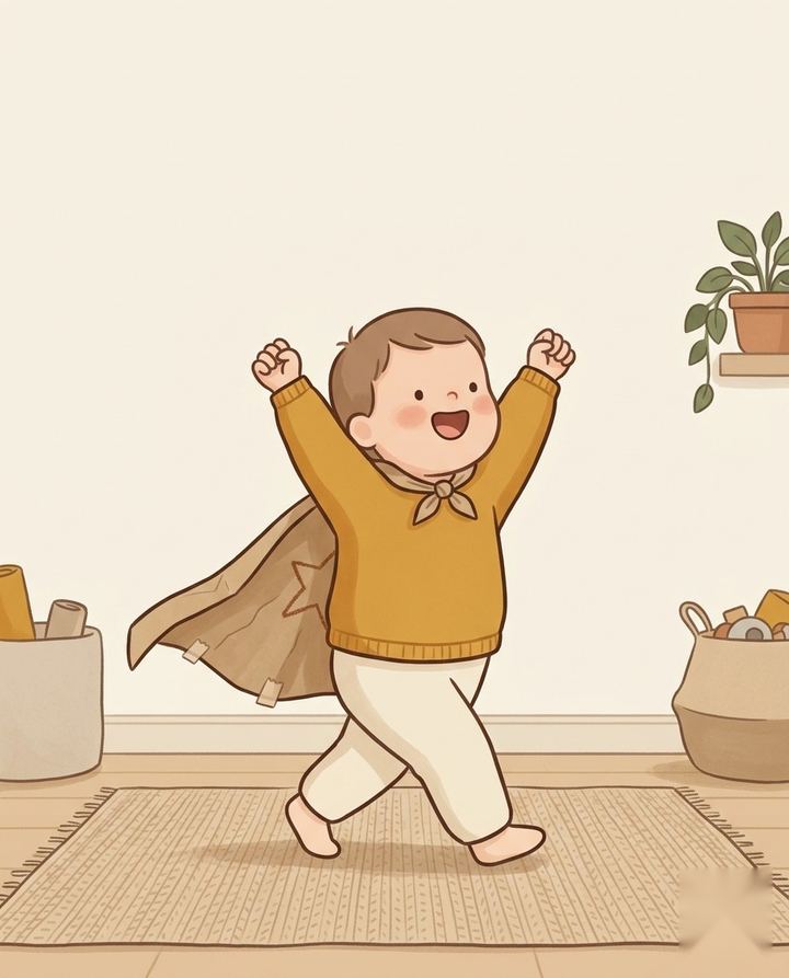 Ilustração da brincadeira Capa de Super-Herói: criança com capa de papel e estrela