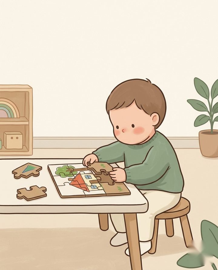 Ilustração da brincadeira Quebra-Cabeça Caseiro: criança montando quebra-cabeça de papelão